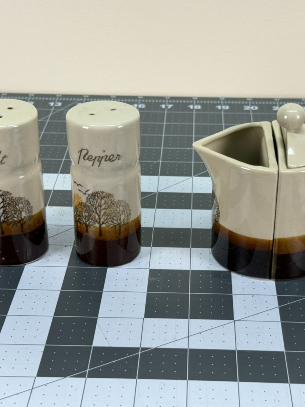 Vintage 70s Stoneware Autumn Trees 4pc Coffee Table Creamer Sugar Shaker Set